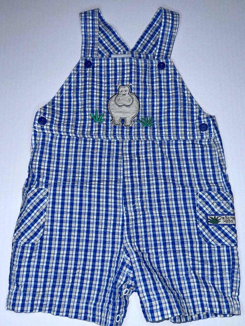 Vintage Okie Dokie Plaid Hippo Shortalls Overalls Romper 24mo seersucker